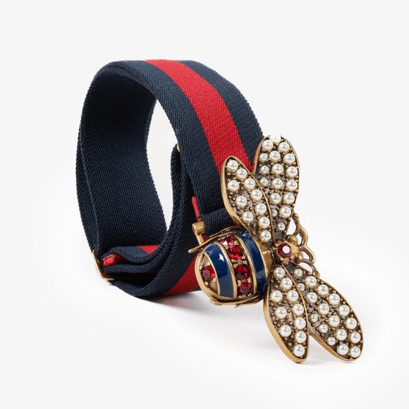Gucci Queen Margaret Bee Canvas Striped Belt - Picture 6 of 6